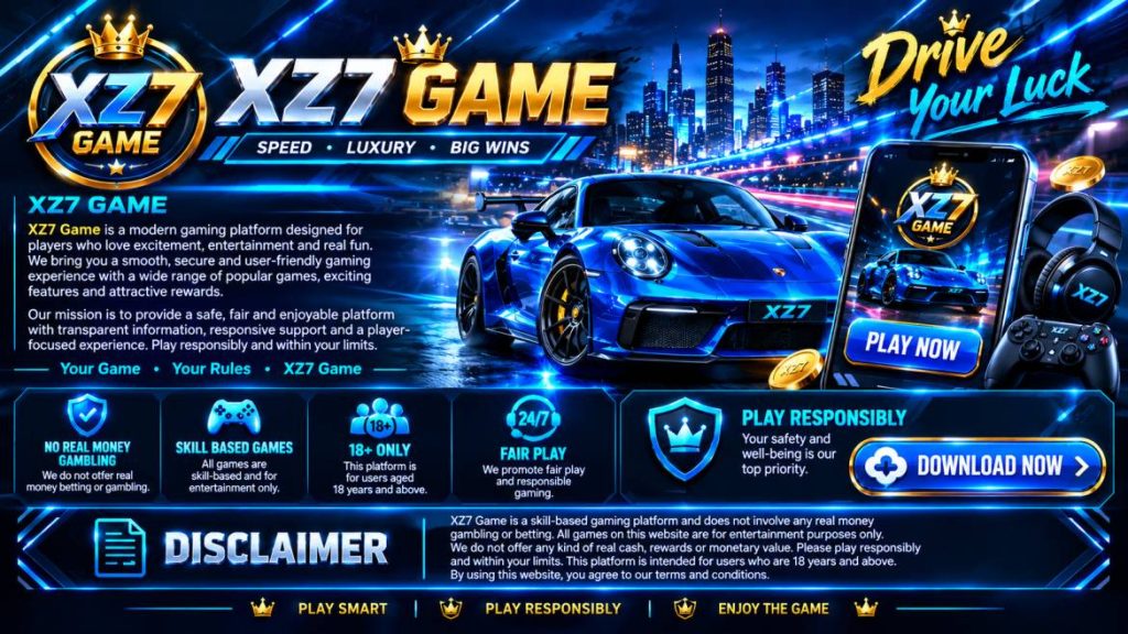XZ7 Game premium gaming banner with XZ7 logo, golden crown, luxury sports car, smartphone gaming app, controller, coins, jackpot-style graphics and modern neon city background