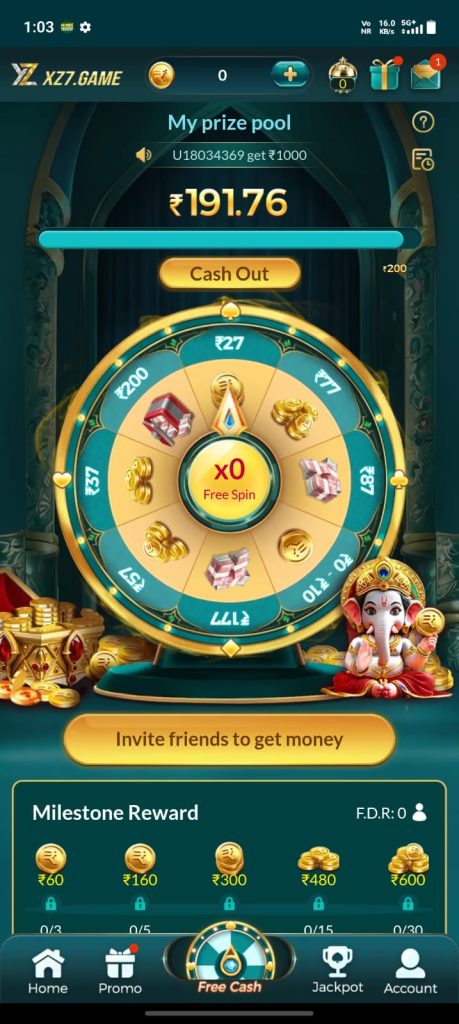 XZ7 Game free cash screen with prize wheel and milestone rewards