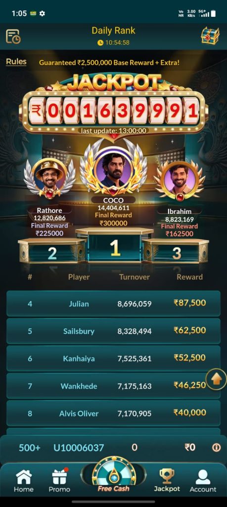XZ7 Game daily jackpot leaderboard with player rankings and rewards