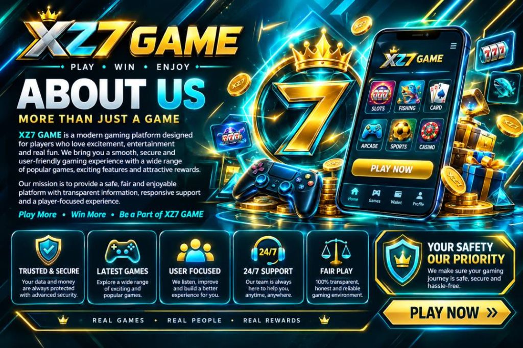 XZ7 Game premium gaming banner featuring XZ7 logo, golden crown, smartphone gaming app, controller, coins and multiple game categories